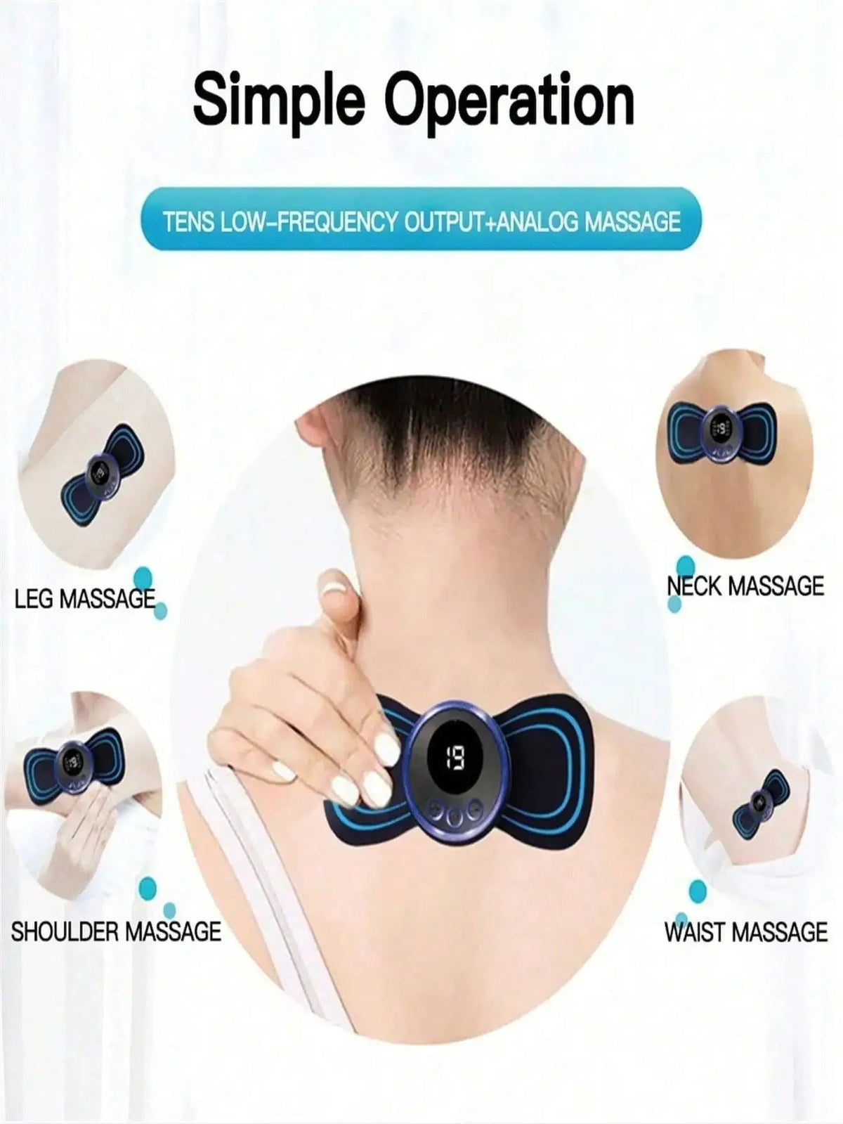 Zonas de uso del electroestimulador EMS: espalda, hombros, cintura y piernas