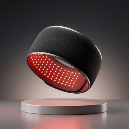 PhotoMed BandV2 product isolated — matte black with red LEDs