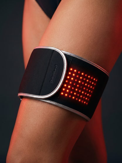 PhotoMed BandV2 closeup — wordmark and red LED grid